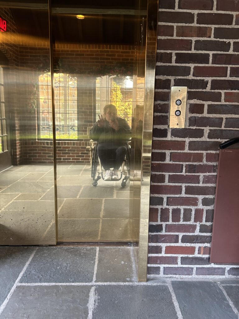 Wheelchair selfie in gold reflective elevator